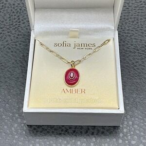 Sofia James Amber Necklace 14kt Gold Plated Paperclip Chain Pink Pendant New Box